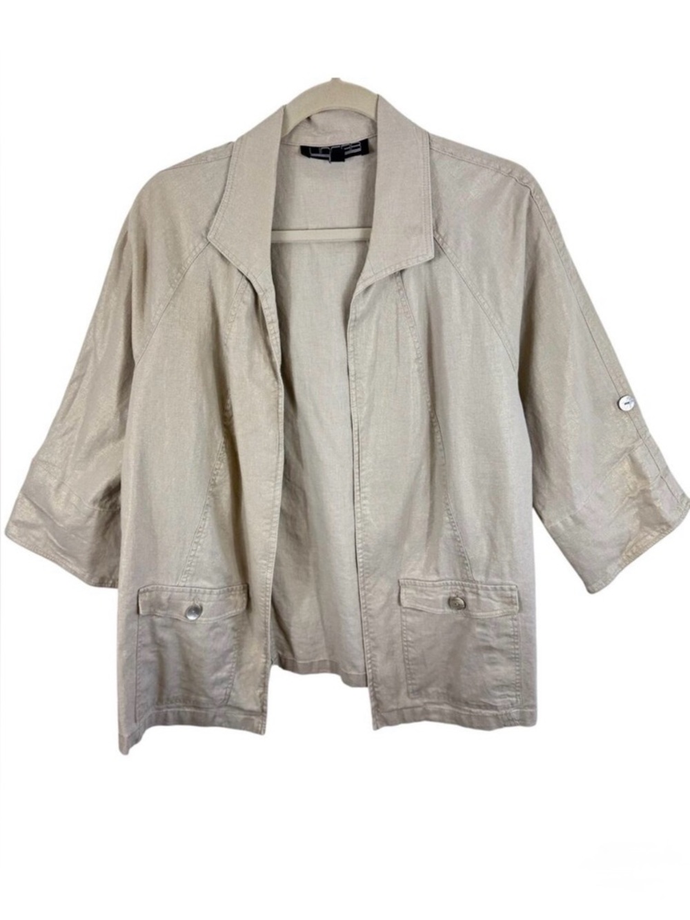 Linear Linen Blend Tan Shimmer Metallic‎ 3/4 Sleeve Open Lightweight Jacket Sz L